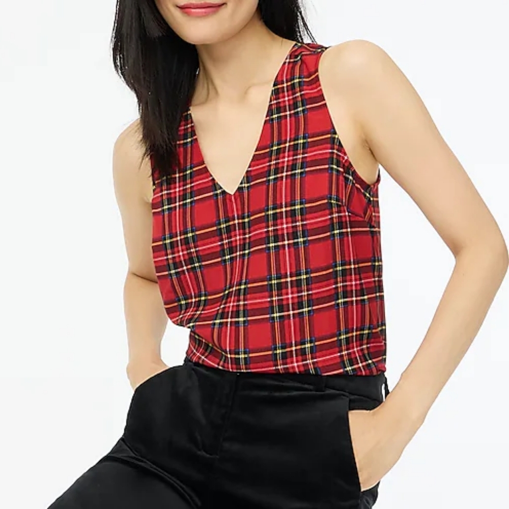 J.Crew tartan plaid v neck sleeveless top, large, red